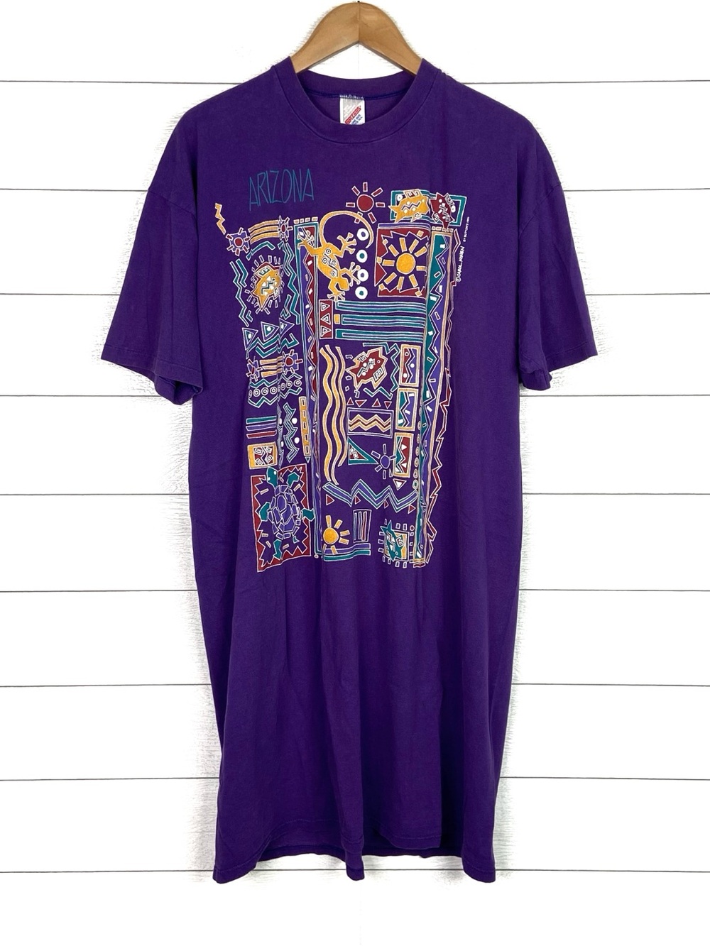 VINTAGE 1991 Arizona Aztec Tribal Graphic Dress Carol Konen Cotton Purple VTG